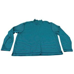 Vintage Liz Claiborne Liz & Co Women's Teal Navy Striped Mock Neck Cotton Top Lg
